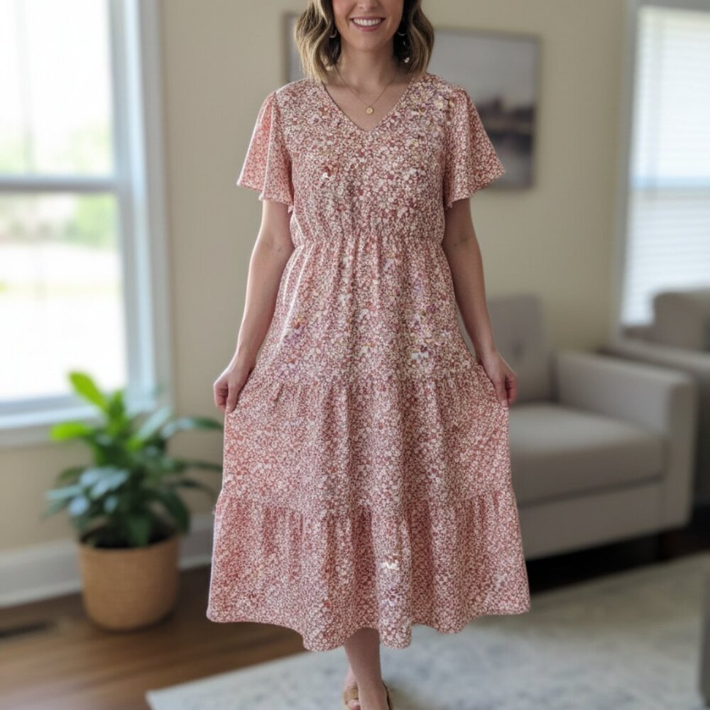 Plus Size Boho Dress Womens Casual Wrap V Neck Small Floral Short Sleeve Maxi